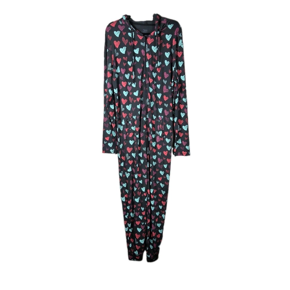 MeUndies Unisex M/L Heart Print MicroModal Hooded Onesie Pajama Jumpsuit